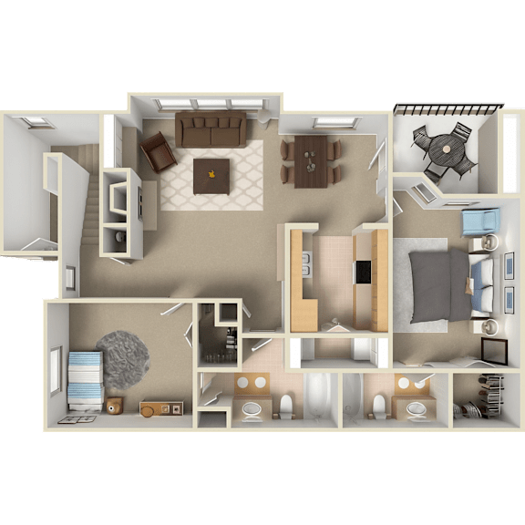 A 3D floor plan of a 2 bedroom, 2 bathroom apartment at Pinnacle Pointe