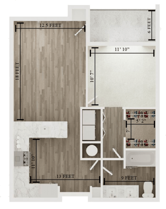 one bedroom one bath floor plan D at The Apex at CityPlace, Kansas, 66210