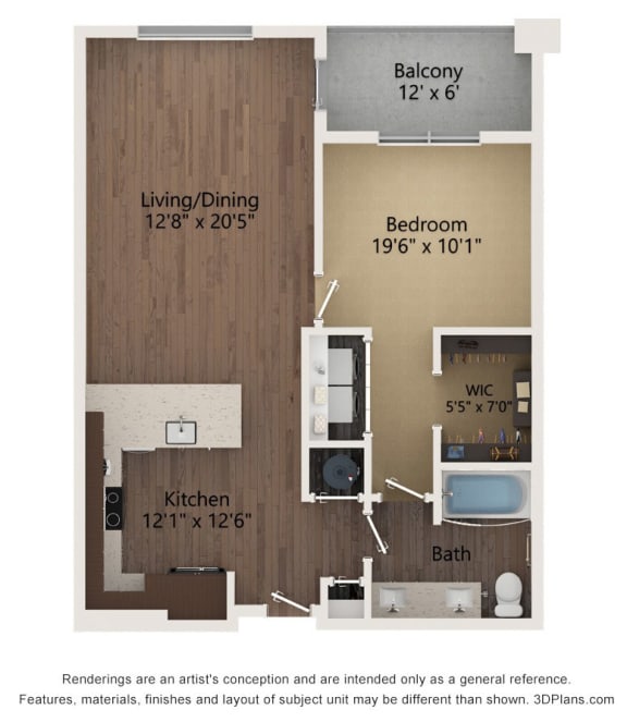 1 bed 1 bath floor plan F at The Residences at Galleria, Overland Park, KS, 66211