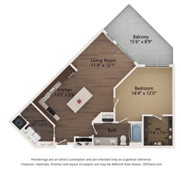 1 bed 1 bath floor plan H at The Residences at Galleria, Overland Park, KS