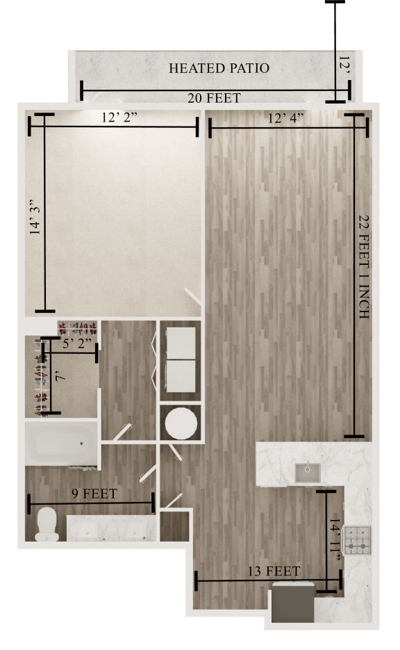 one bedroom one bath floor plan F at The Apex at CityPlace, Overland Park, KS