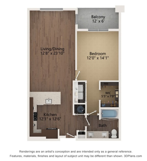 1 bed 1 bath floor plan J at The Residences at Galleria, Overland Park, 66211