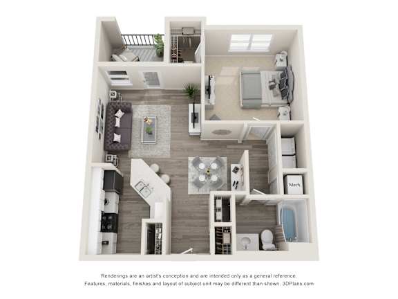 A 3D floor plan of a house with a kitchen, living room, and bathroom.