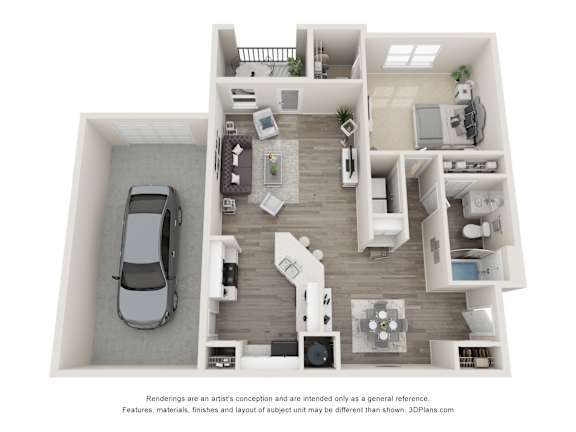 A 3D floor plan of a house with a car parked in the garage.