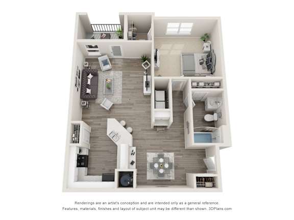 A 3D floor plan of a house with a kitchen, living room, and two bedrooms.