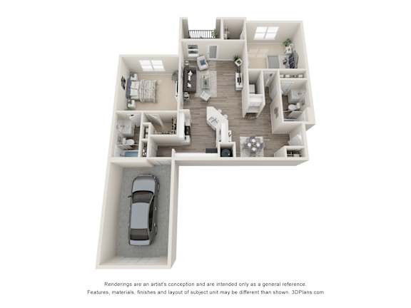 A 3D floor plan of a house with a car parked in the driveway.