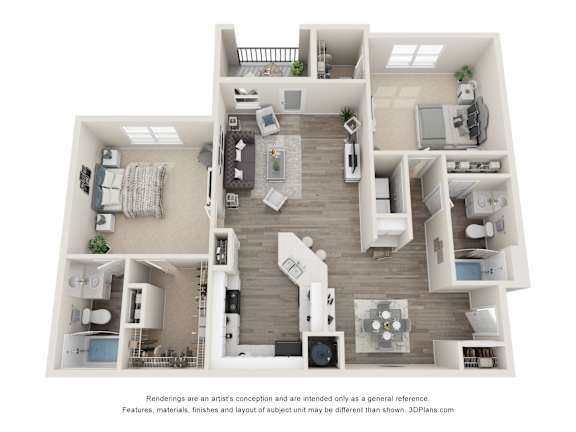 A 3D floor plan of a house with a kitchen, living room, and two bedrooms.