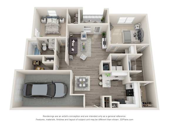 A 3D floor plan of a house with a car parked in the garage.