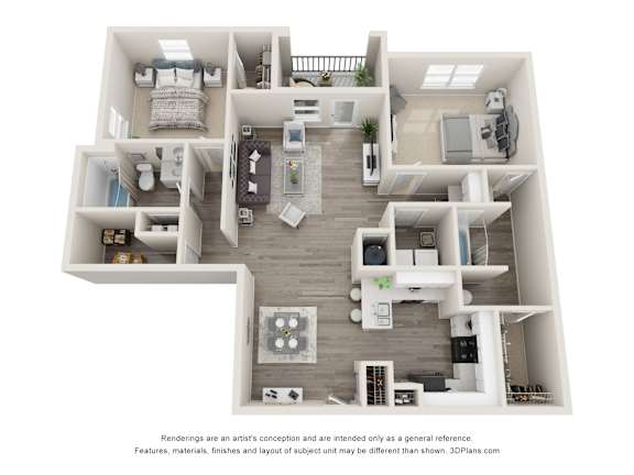 A 3D floor plan of a house with a kitchen, living room, and bedrooms.