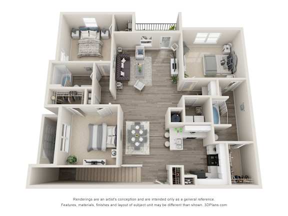 A 3D floor plan of a house with a kitchen, living room, and two bedrooms.