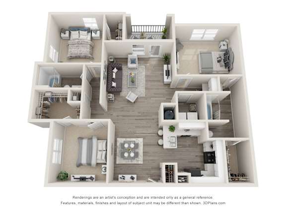 A 3D floor plan of a house with multiple rooms and furniture.