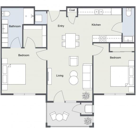 2D floor plan for 2 Bedroom, 1 Bathroom Apartment as Aspen Ridge