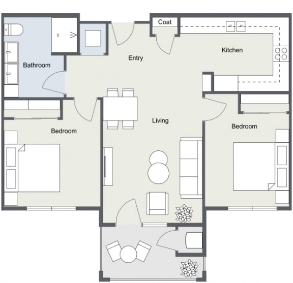 2D floor plan for 2 Bedroom, 1 Bathroom Apartment as Aspen Ridge