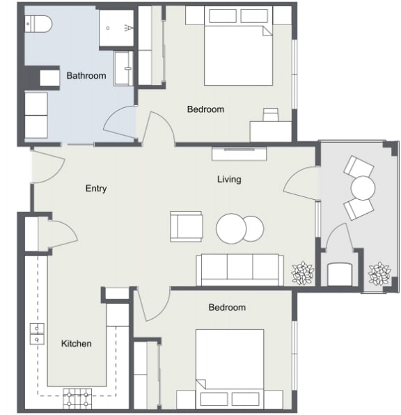 2D floor plan for 2 Bedroom, 1 Bathroom Apartment as Aspen Ridge