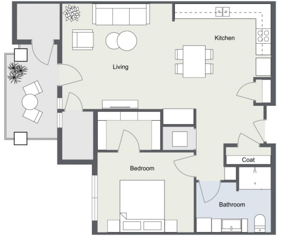 2D floor plan for 1 Bedroom, 1 Bathroom Apartment as Aspen Ridge