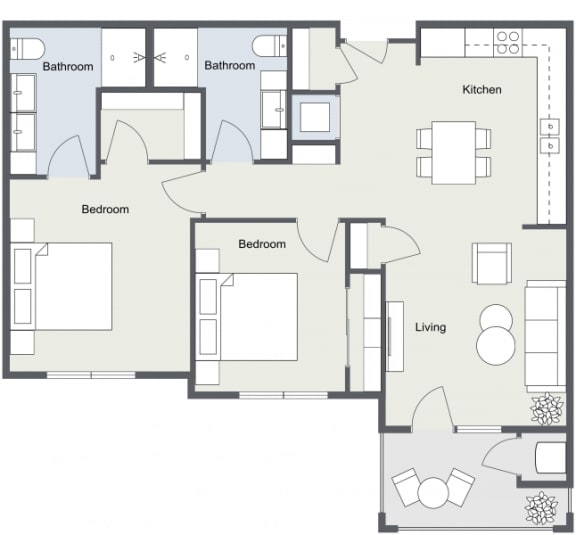 2D floor plan for 2 Bedroom, 2 Bathroom Apartment as Aspen Ridge