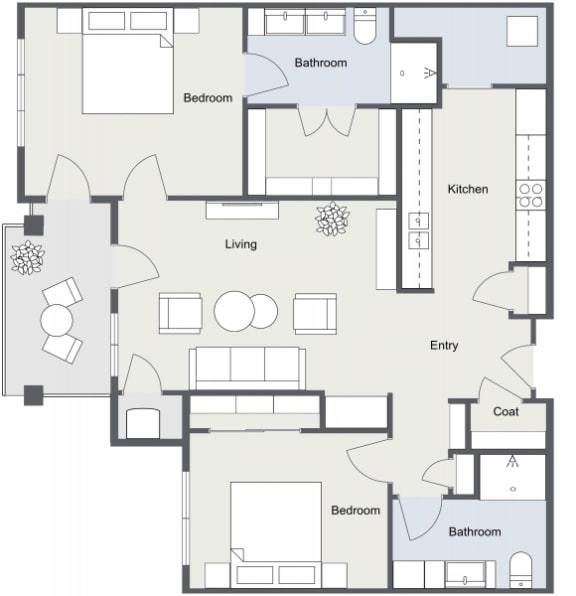 2D floor plan for 2 Bedroom, 2 Bathroom Apartment as Aspen Ridge