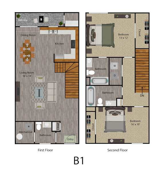 2D Floor Plan 2 Bedroom Townhome