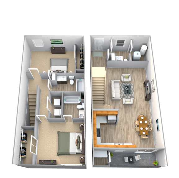 3D Floor Plan 2 Bedroom Townhome