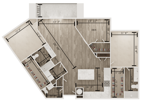 2 bedroom 2 bathroom floor plan N  at The Apex at CityPlace, Overland Park, KS, 66210