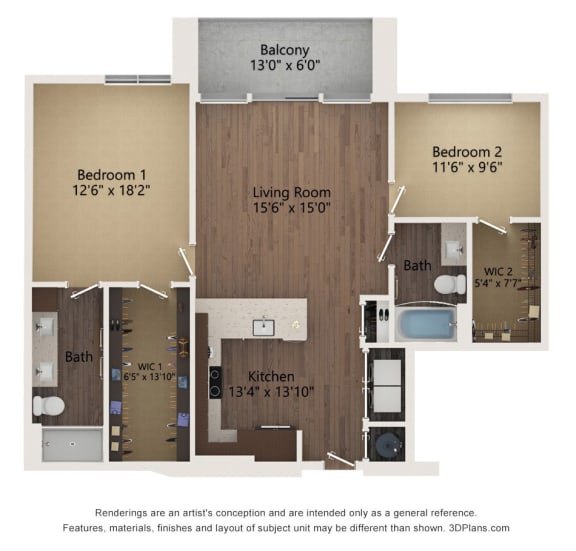 2 bedroom 2 bathroom Floor plan B at The Residences at Galleria, Overland Park, Kansas