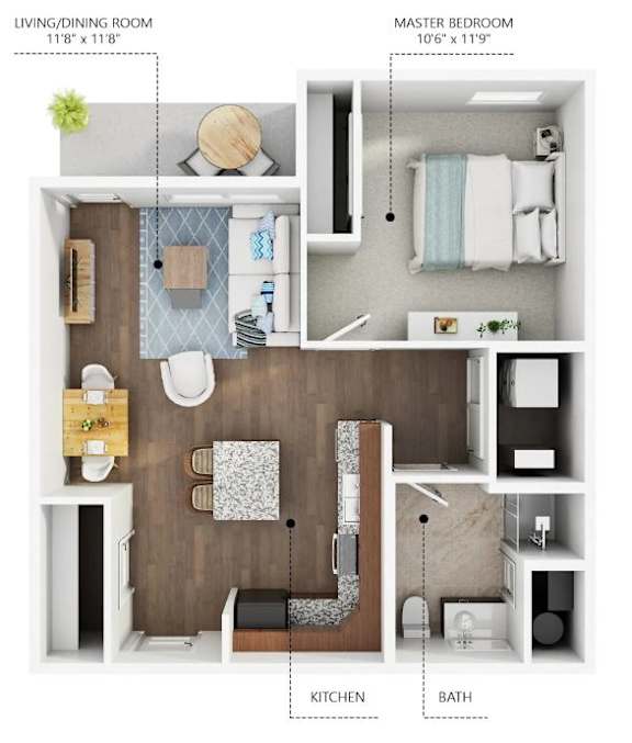 1 Bed Floor Plan at Capitol Grove Apartments, Des Moines, IA