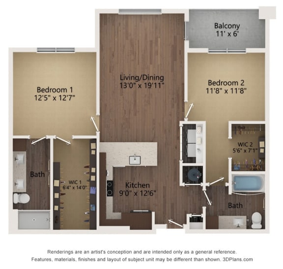 2 bedroom 2 bathroom Floor plan D at The Residences at Galleria, Overland Park