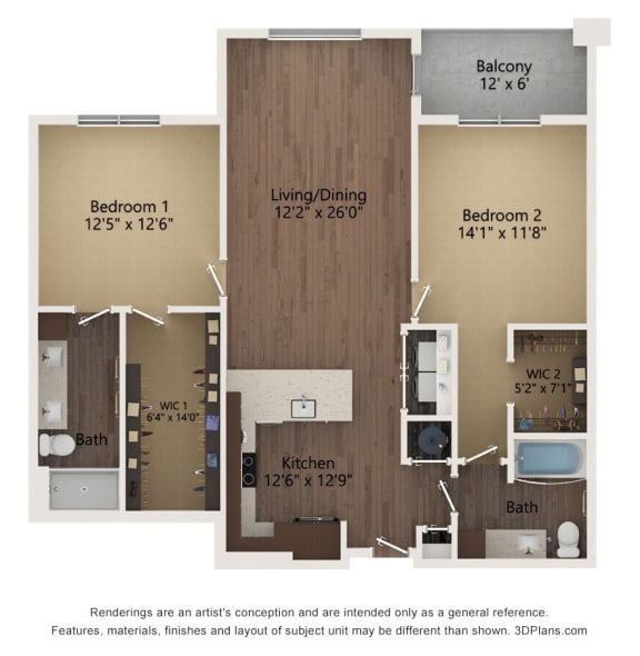 2 bedroom 2 bathroom Floor plan F at The Residences at Galleria, Kansas