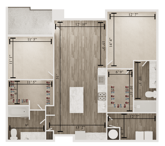 2 bedroom 2 bathroom floor plan G at The Apex at CityPlace, Overland Park, KS, 66210