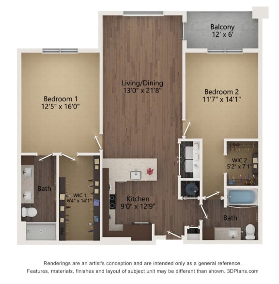 2 bedroom 2 bathroom Floor plan H at The Residences at Galleria, Kansas, 66211