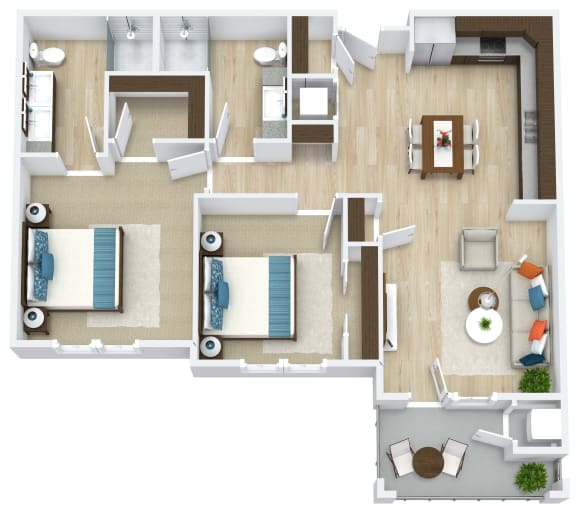 3D floor plan for 2 Bedroom, 2 Bathroom Apartment as Aspen Ridge