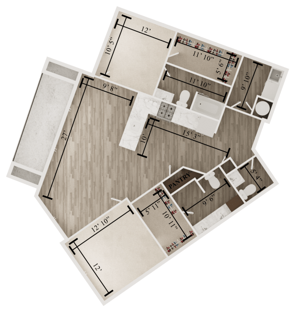 2 bedroom 2 bathroom floor plan I at The Apex at CityPlace, Overland Park, Kansas