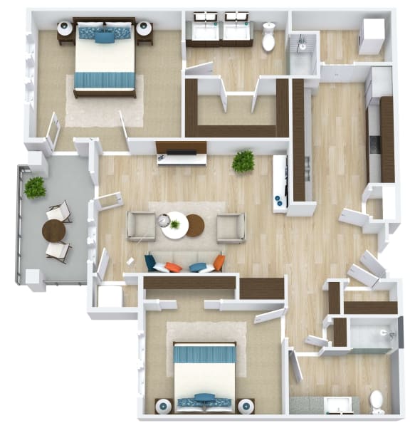 3D floor plan for 2 Bedroom, 2 Bathroom Apartment as Aspen Ridge