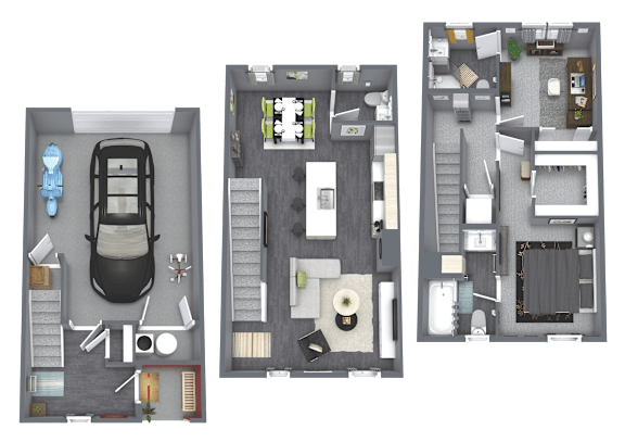 Three different floor plans of a house with a car parked in the garage.