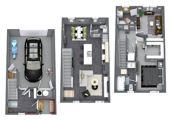 Three different floor plans of a house with a car parked in the garage.