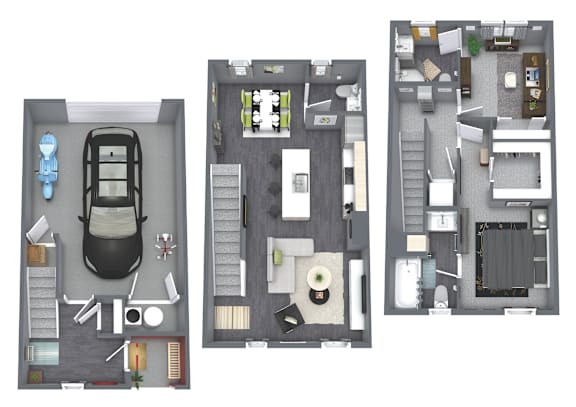 Three different floor plans of a house with a car parked in the garage.