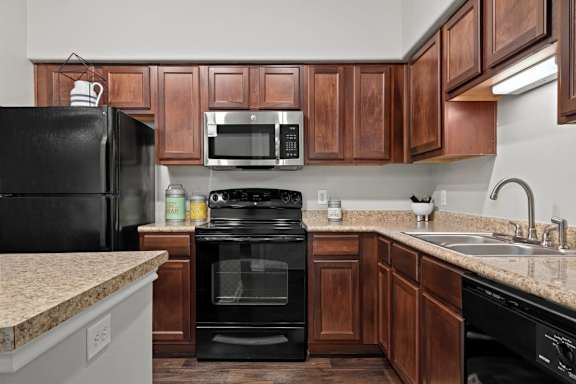 A black oven is in a kitchen with wooden cabinets.
