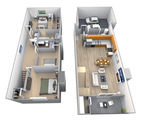 A 3D floor plan of a two-story apartment.