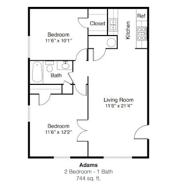 2D Floor Plan Image for 2 bed, 1 bath apartment at Jefferson Park in Liberty