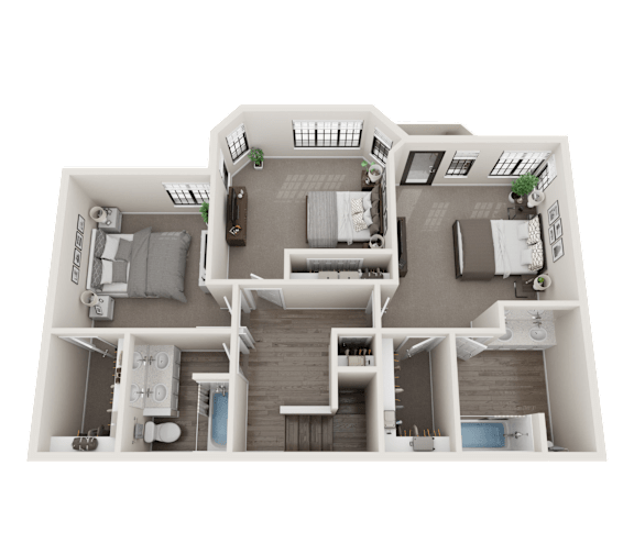 A 3D rendered image of a house layout.