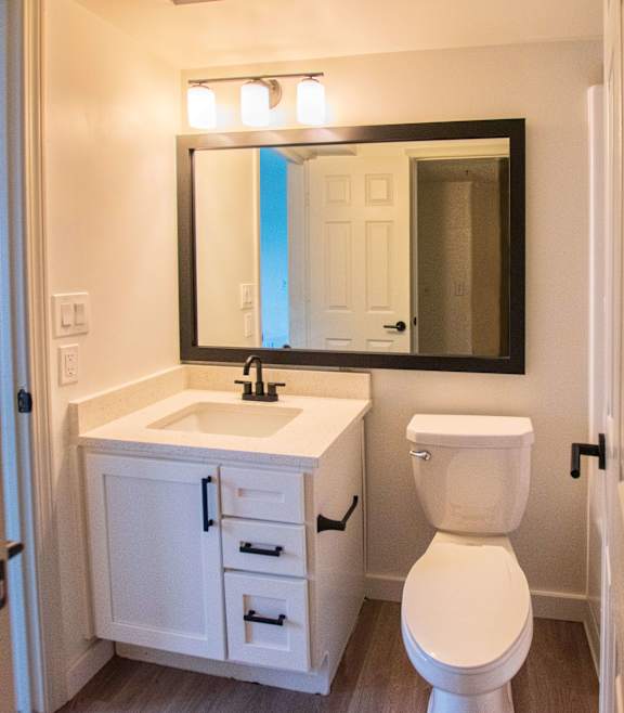 A white toilet sits under a mirror in a bathroom.