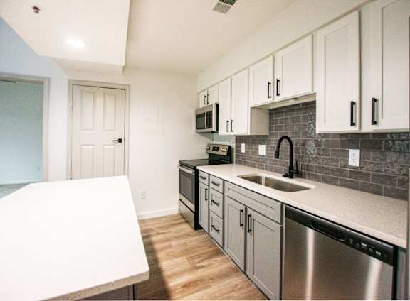 A kitchen with a stainless steel dishwasher and a white countertop.