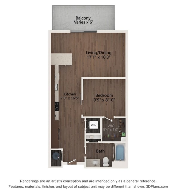 1 bed 1 bath floor plan B at The Residences at Galleria, Overland Park, Kansas