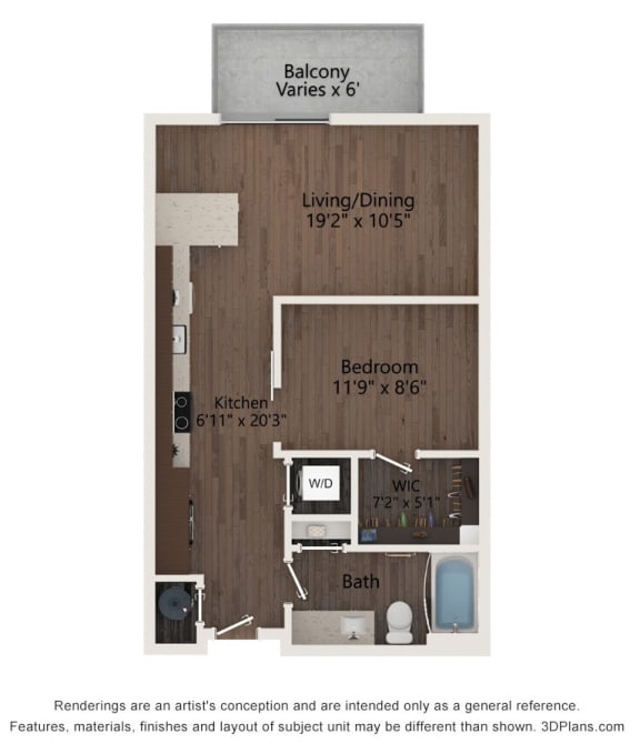1 bed 1 bath floor plan D at The Residences at Galleria, Overland Park