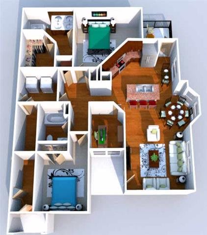 A 3D floor plan of a house with a kitchen, living room, dining room, and bedrooms.