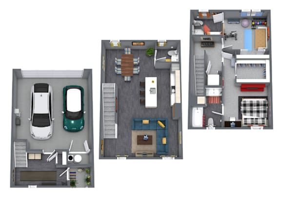 Three different floor plans of a house with a car parked outside.