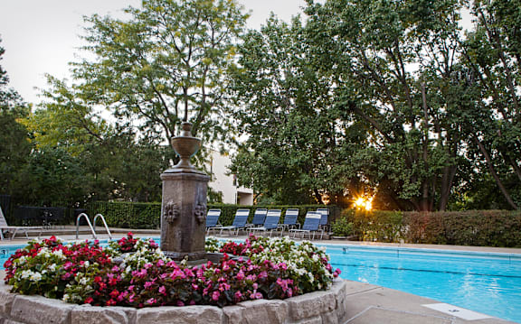 A pool surrounded by trees and a fountain in the middle of the pool.
