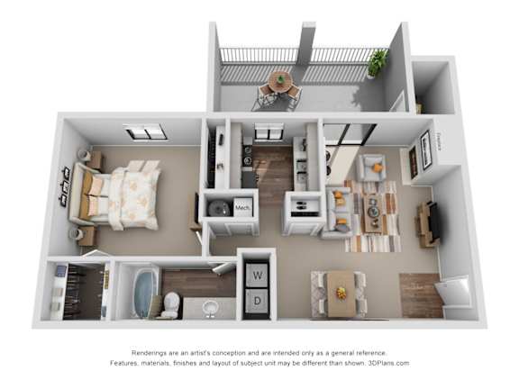 A 3D floor plan of a small apartment with a kitchen, living room, and bathroom.