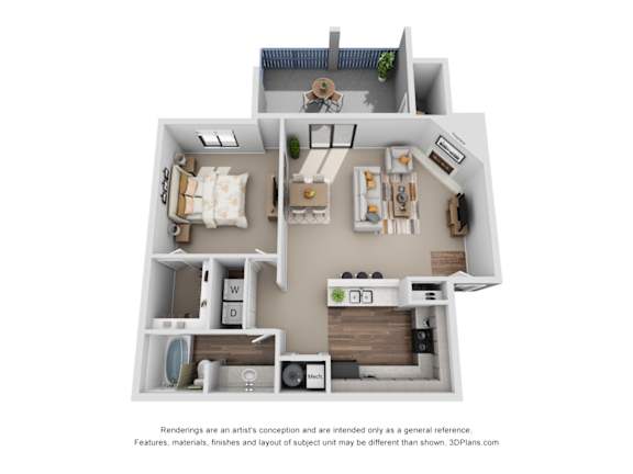 A 3D floor plan of a house with labeled rooms.