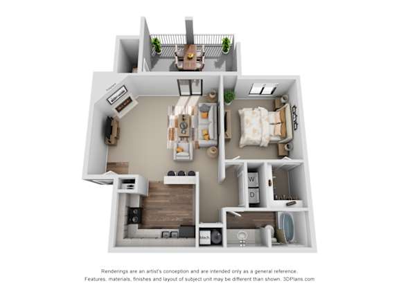 A 3D floor plan of a house with a living room, kitchen, dining room, and bathroom.